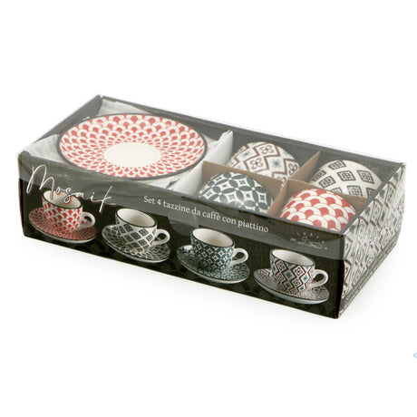Tazza caffe' con piatto mosaik cl.9 confezione 4 tazze con 4 decori assortiti